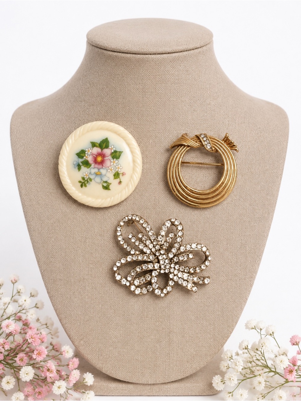 Avon Brooches VTG Bouquet, Gold Silver Tone & Rhinestones Estate Jewelry Signed
